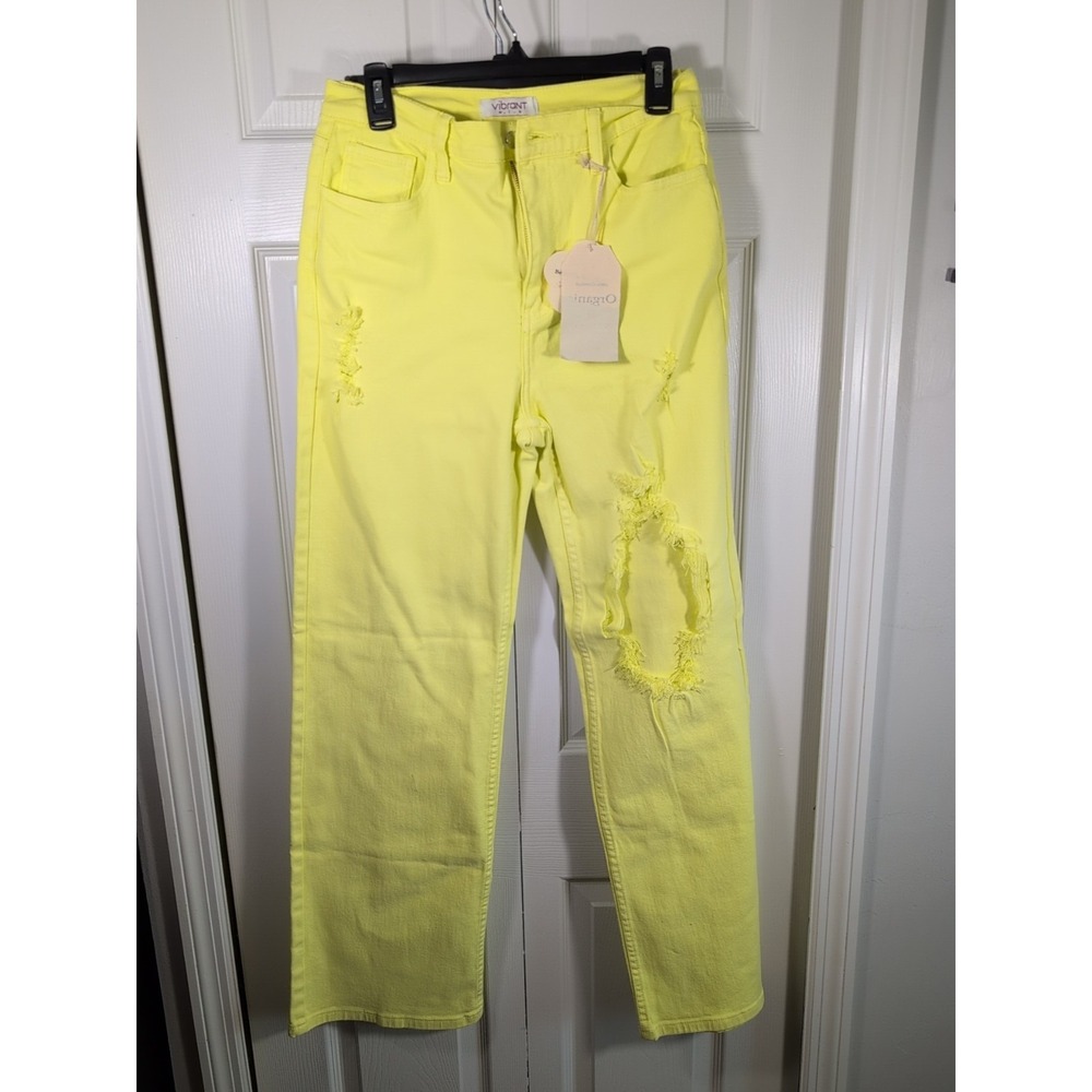 Vibrant MIU Distressed Neon Yellow Jeans Womens 9 W28 High Rise Denim NEW‎